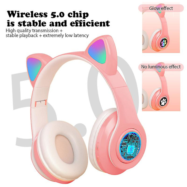 Bluetooth 5.0 trådlösa hörlurar söta LED-blixt kattöron huvudmonterade headset inbyggd mikrofon Hifi-hörlurar Red