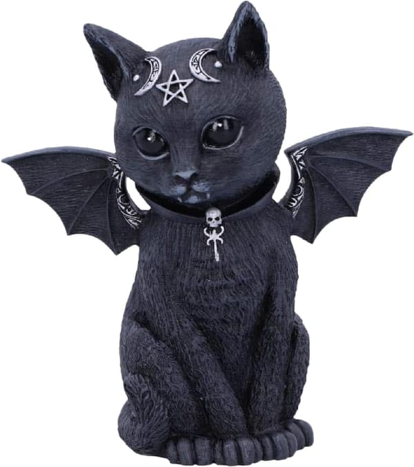 Vinget Okkult Kat Figur, Polyresin, Sort og Sølv, 10cm