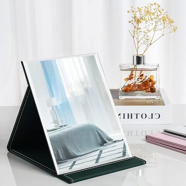 Taitettava kannettava peili, Super HD kompakti meikkpeili, Musta PU-nahkainen matkustajapeili, Vapaasti seisova peilipöytä, Taitettava pöytäpeili 21x15cm