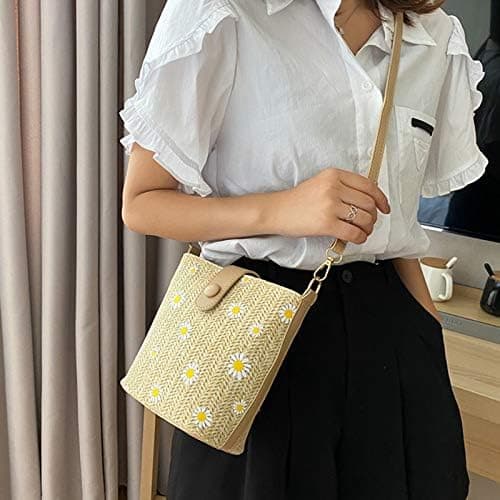 Små Daisy Handväskor Kedja Hinkväska Messenger Väska Khaki Skolflicksväska Halmväskor för Kvinnor