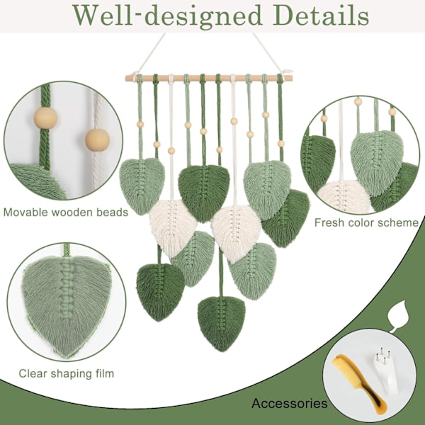 Macrame Väggbonad Grön Blad Frans Tapet Boho Chic Väggdekor Handgjord Vävd Bomullsrep Tapet Estetisk Bohemian Väggkonst för Sovrum