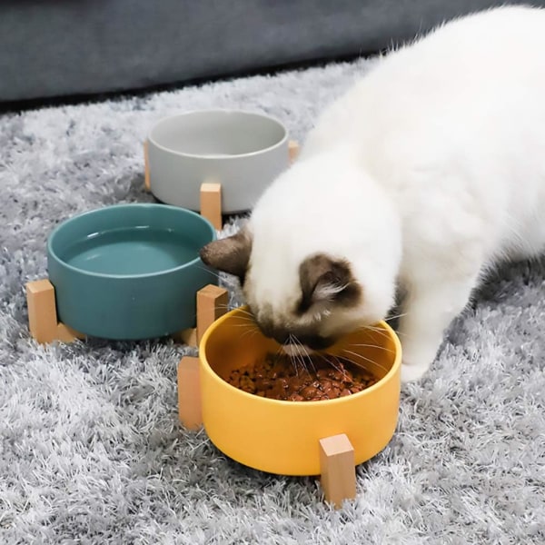 Gul keramisk kattskål med träställ Inget spill Djurmat Vattenmatare Katter Små hundar