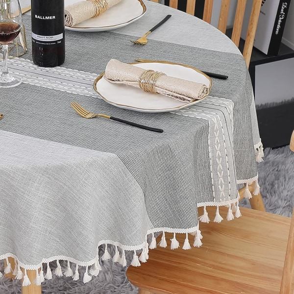 Rund dug i grå, 140 cm, vaskbar, i bomulds- og linnedstof, pletbestandig, med kvaster, stribet broderi til fødselsdag, bryllup, sofabord