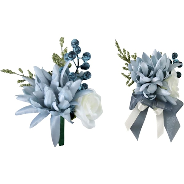 2 st bröllops handledsblommor set, konstgjord dimblå brudgum knapphålsblomma handledsblomma med sidenblomma bär och band dekoration för brud och brudgum bal
