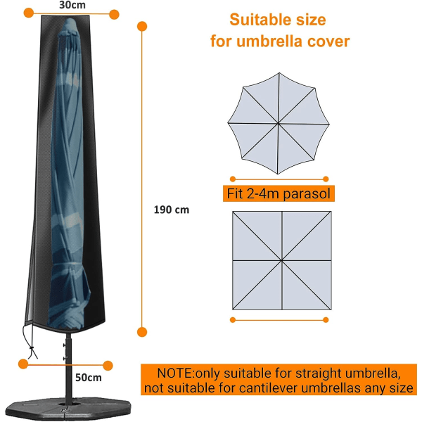 Parasolbetræk Vandtæt 600D Oxford-stofterrasseparaplybetræk med lynlås (190 * 30 * 50 cm), til 2,5 m 2,7 m 3 m udendørs paraply til have (sort)