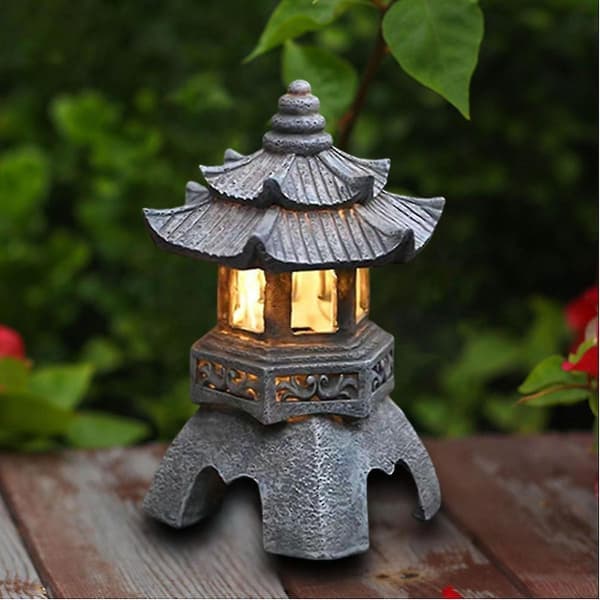 Pagode Lykt Hagelampe Solcellelampe Stein Pagode Dekorasjon