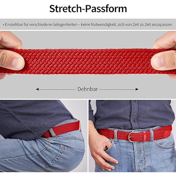 Herrbälte, elastiskt flätat bälte unisex män kvinnor flätat elastiskt stretch vävt bälte 33mm(1,25\") ，Längd 42\"(107cm) Passar midja 33\"-36\", Flera färger Red