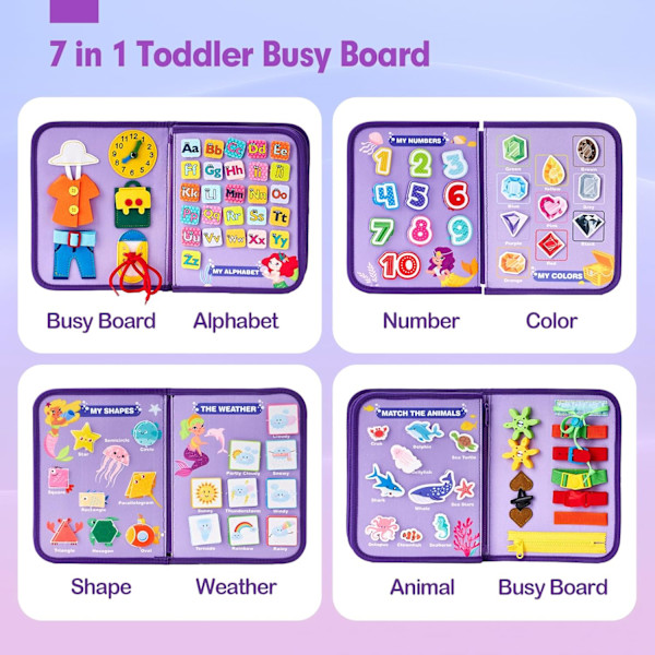 Travel Busy Board Montessori Leke for Småbarn 1 2 3 4 År Gamle Baby Sensoriske Lekebrett Sensoriske Leke for Babyer Førskole Pedagogiske Læring Leke Mermaid