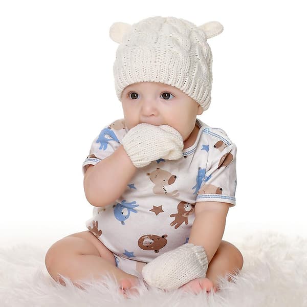 Baby efterår og vinter hue og handske sæt L white