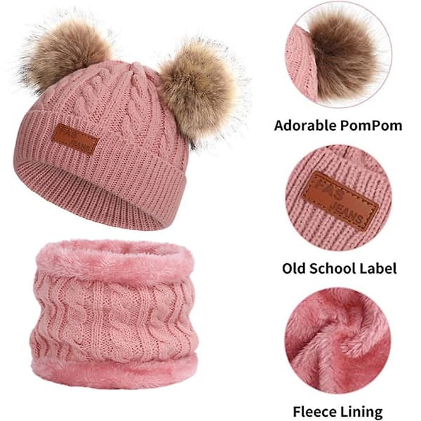 Barnmössa Färg Vinter Dubbel Pom Pom Stickad Mössa Och Samma Färg Halsduk