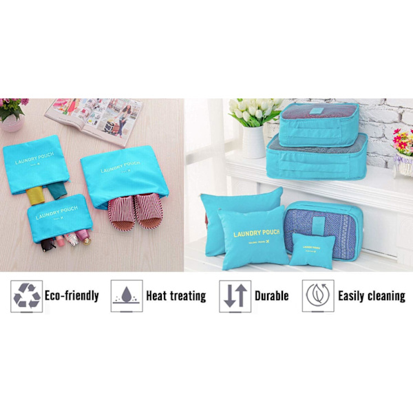 Reisearrangør Pakkeposer, 6 PCS Reisepakkekuber Sett for Klær Reisebagasje Organisasjonslagerposer Light Blue