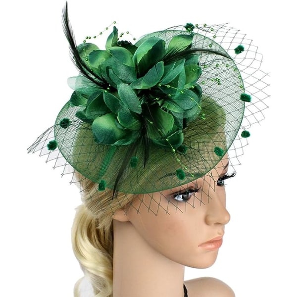 Dam Fascinator Pillbox Hatt Kvinnor Blomma Bowler Hatt Fjäder Bröllop Cocktail Hatt Hårklämma Fest Hatt Hårtillbehör med Hårögla(grön)