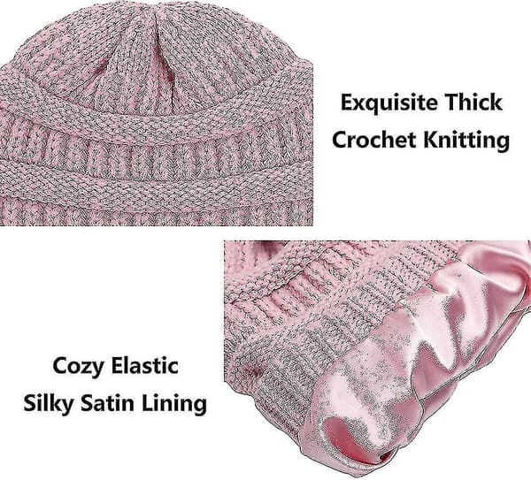 Dam vinter varm stickad mössa satin silkefodrad kabel stickad mössa tjock slouchy