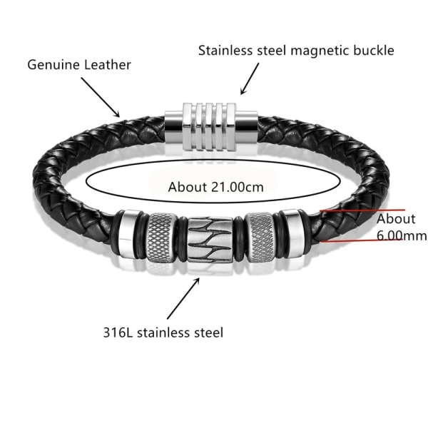 Sort læderarmbånd og rustfrit stålperler