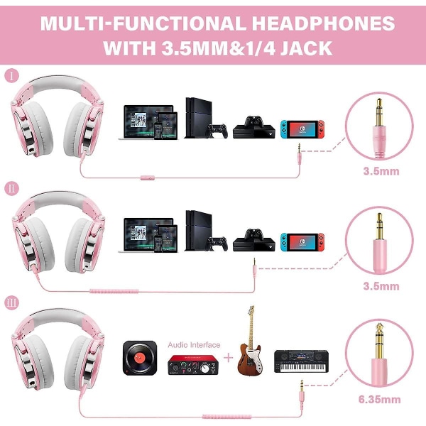 Oneodio Over Ear-hovedtelefoner, basheadsets med ledning med 50 mm driver, foldbare letvægtshovedtelefoner med shareport og mikrofon til optagelse af overvågningsmix Pink