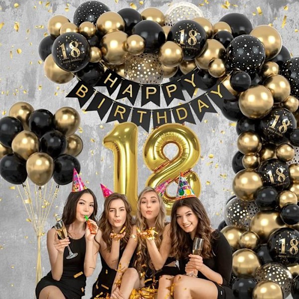 18 års fødselsdagsdekorationer, 18 års fødselsdagsfestdekorationer i sort guld, fødselsdagsballonbuesæt sort guldballon