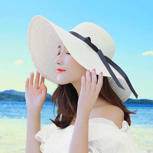 Foldbare sommerhatte til kvinder, floppy stråhat, strandhat med bred skygge, hvid
