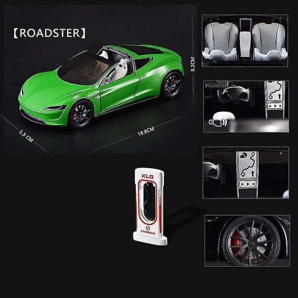 1:24 Tesla Model 3 Model Y Model S Model X Legering Støbt Bilmodel Lyd Og Lys Børns Legetøj Samleobjekter Fødselsdagsgave Roadster Green