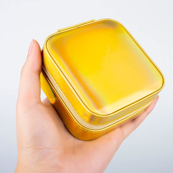 Mini bærbar smykkeskrin arrangør, rejse smykkeskrin, læder dobbelt lag smykkeskrin med spejl, smykkeskrin piger kvinder (guld)