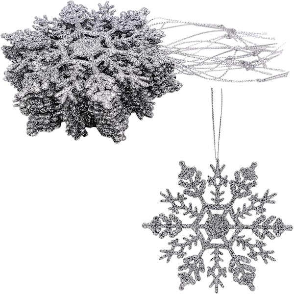 Julepakke med 12 - 10 cm Glitrende Snefnug Hængende Dekorationer - Julepynt (Sølv)