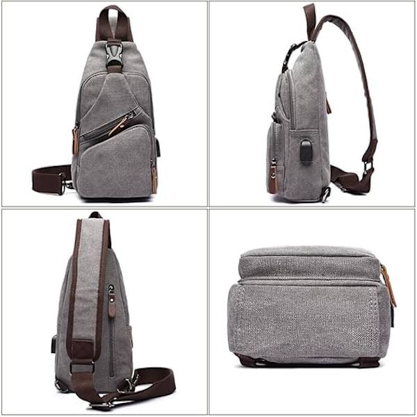 Canvas Sling Bag Crossbody Ryggsäck Axelväska Casual Ryggsäck för Män Kvinnor Utomhus Cykling Vandring Resa Fiske Shopping Trekking Grey