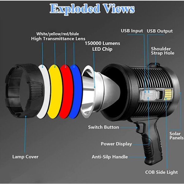 Laddningsbar Spotlight, 100000 Lumen LED-spotlight Handhållen Ficklampa Super Utomhus Solcellslampa