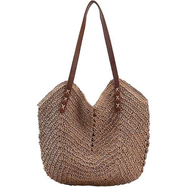 Handgjord mjuk stor halm axelväska retro boho tote väskor sommar strand vävd väska rotting handväska - brun -