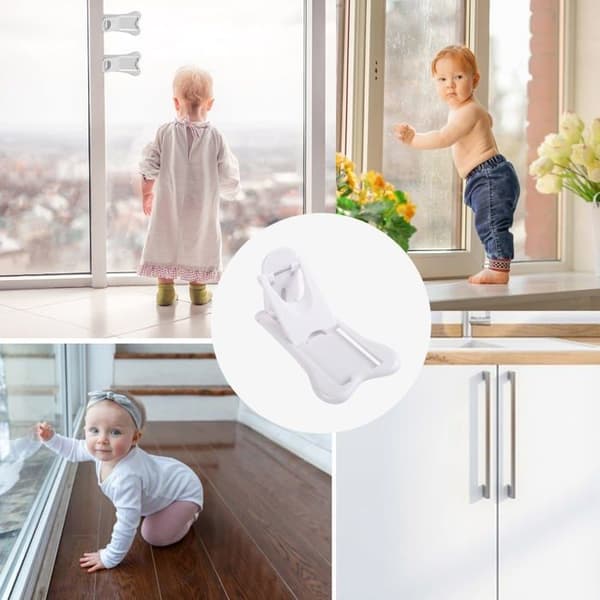 Sett med 4 skyvedørstoppere, barnesikring vinduslåser, selvklebende babysikkerhetsdørstoppere (hvit)
