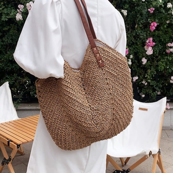 Handgjord mjuk stor halm axelväska retro boho tote väskor sommar strand vävd väska rotting handväska - brun -
