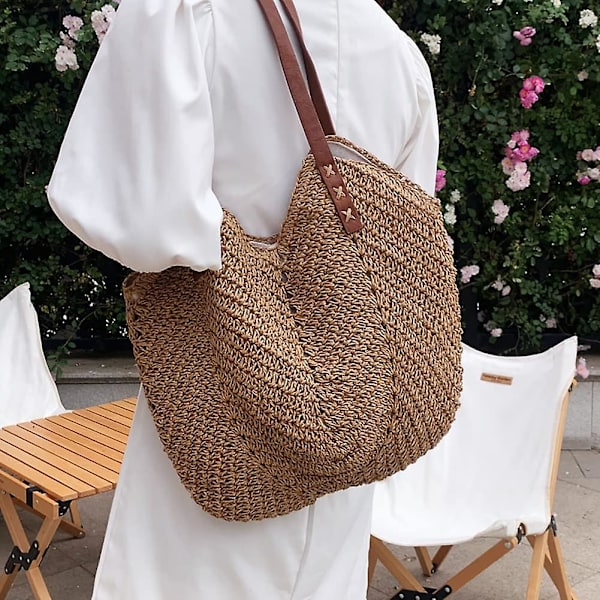 Håndvævet blød stor strå skuldertaske Retro Boho Tote tasker sommer strand vævet taske Rattan håndtaske - Brun -