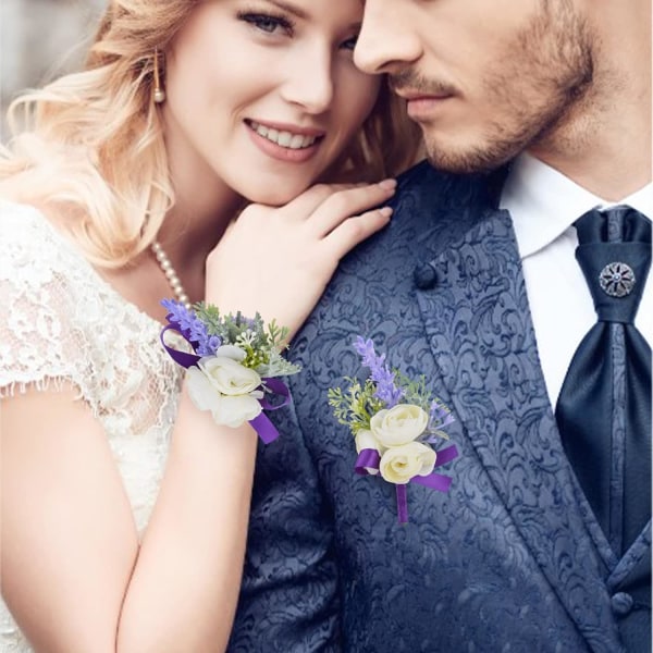 2 stk håndleddsblomst, kunstig bryllupshåndleddsblomst og knapphullsblomstsett brud håndblomst menn knapphullsblomst for bryllup, lilla bånd