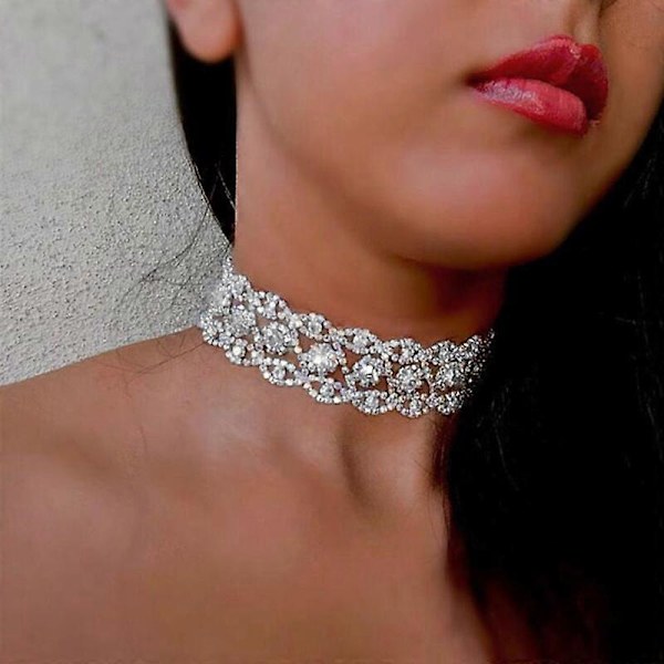 Rhinestone Choker Halskæde Smykker Justerbare Halsbånd Sølv Chokers til Kvinder og Piger