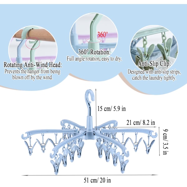24 Clips Foldbar Sokketørrest, Roterende Tørrestativ til Strømper, Undertøj, Tøj, Indlægssåler, Lingeri, Babytøj og Huer Blue2