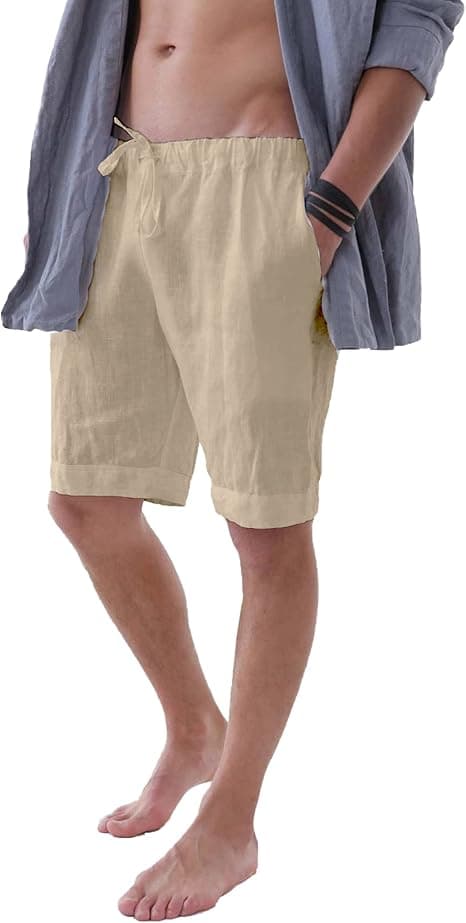 Herr Sommar Lediga Casual Linneshorts med Fickor Elastisk Midja