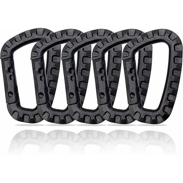 Set med 5 plastkarbinhakar - Svart - D-formad (hy)