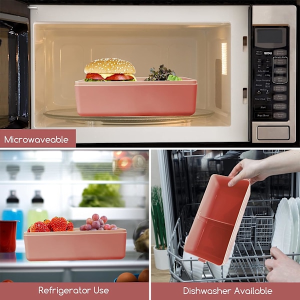 Pinottava lounasrasia, 1400 ml:n astiat, joissa on 3 irrotettavaa osastoa ja ruokailuvälineet, aikuisille, lapsille, toimistoon, mikroaaltouuniin, astianpesukoneeseen, saatavilla Pink