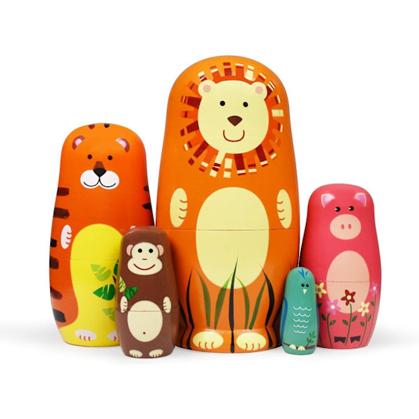 Trämålade Matryoshka-dockor för barn Handgjorda söta tecknade djur Lejon Tiger Apa Mönster Nesting Doll Leksak Staplingsdocka Set med 5