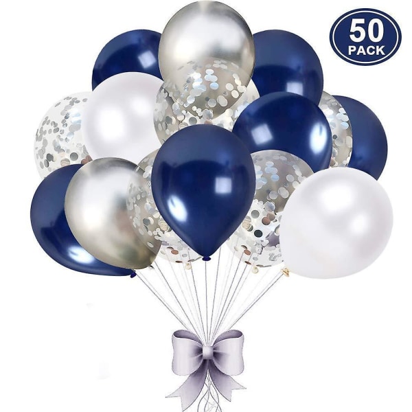 Valkoinen sininen hopea ilmapallo, 50 kpl 12 tuuman tummansininen ilmapallo, hopea konfetti ilmapallo, valkoinen hopea