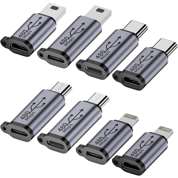 USB C til Micro USB Adapter, Type C/Micro USB Hunn til Lightning Hann Konverter, Micro USB til USB C Forlengelseskabel (8-Pakning)