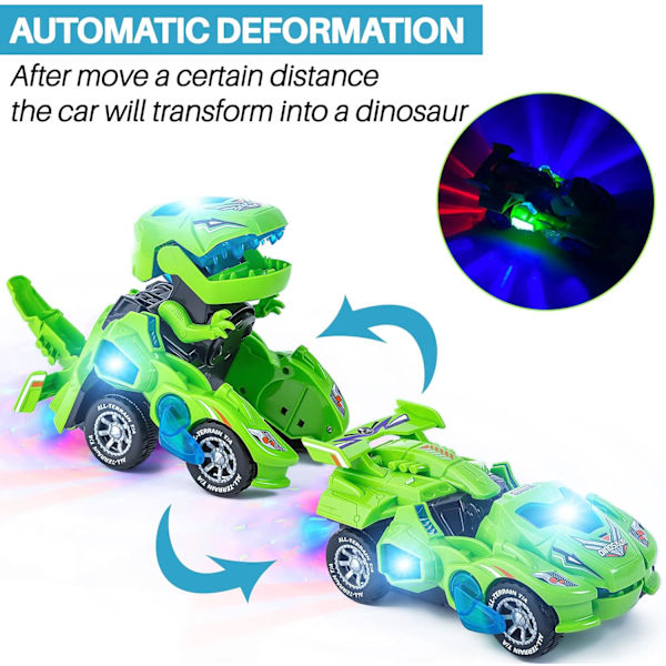 Dinosaurie Transformerande Bil Elektriska Dinosaurie Leksaker Automatisk Transformerande Dinosaurie Bil med Blinkande Ljus och Ljud för 3-7 Åriga Pojkar Flickor Green