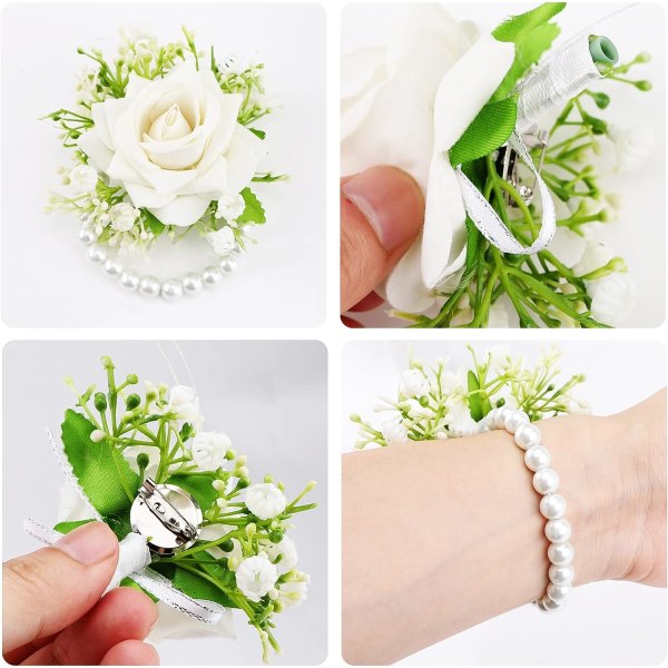 2 st konstgjorda handledsblommor vita rosor för bröllop, herrbrudgum knapphålsblomma rosblues, brud tärna handledsband armband bröllopsblommor
