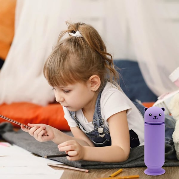 Søt bjørneformet stor stående pennal, kopp pennal i myk silikon, dyrepennposeholder for barn, studenter, voksne, skole, kontor Purple