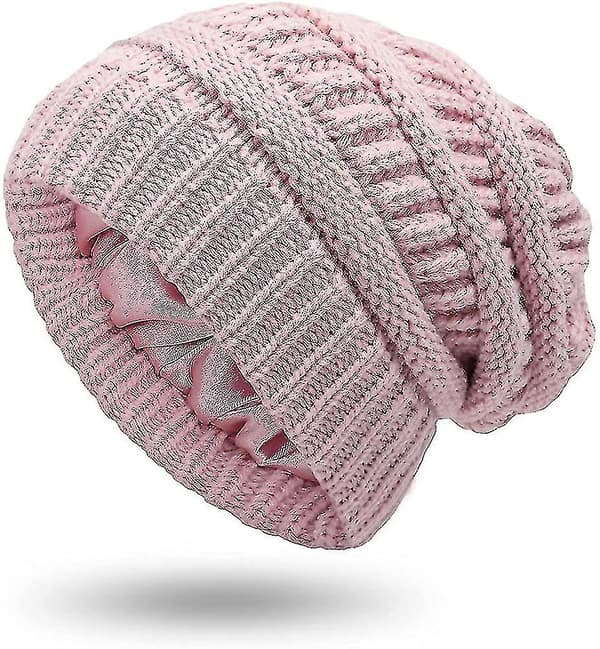 Dam vinter varm stickad mössa satin silkefodrad kabel stickad mössa tjock slouchy