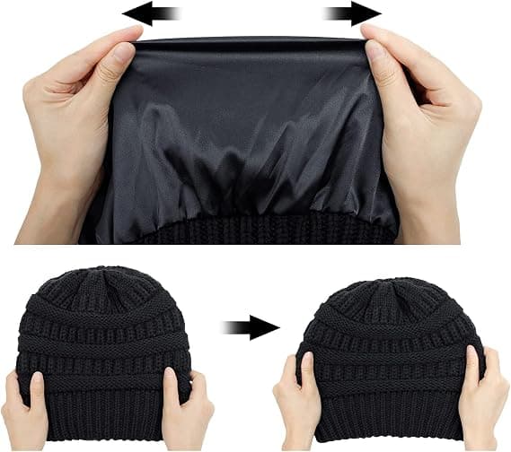 Vintervarm Stickad Mössa med Satinfoder Kabelvirkad Beanie Chunky Slouchy Skallehatt för Kvinnor Black