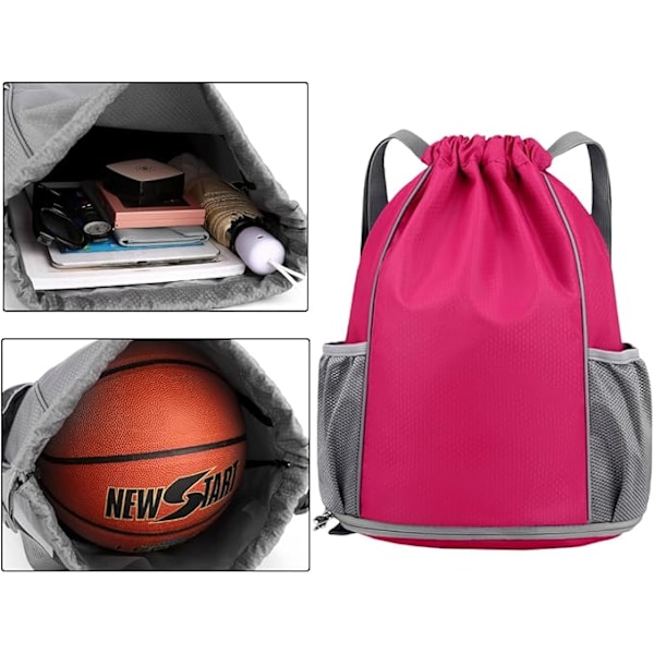 Gym Bag String Svømme PE Bag Sport Gym Drawstring Bag Vanntett Drawstring Sport Bag med Utvendig Glidelås for Sports Strandferier Svømming Reise Rose Red