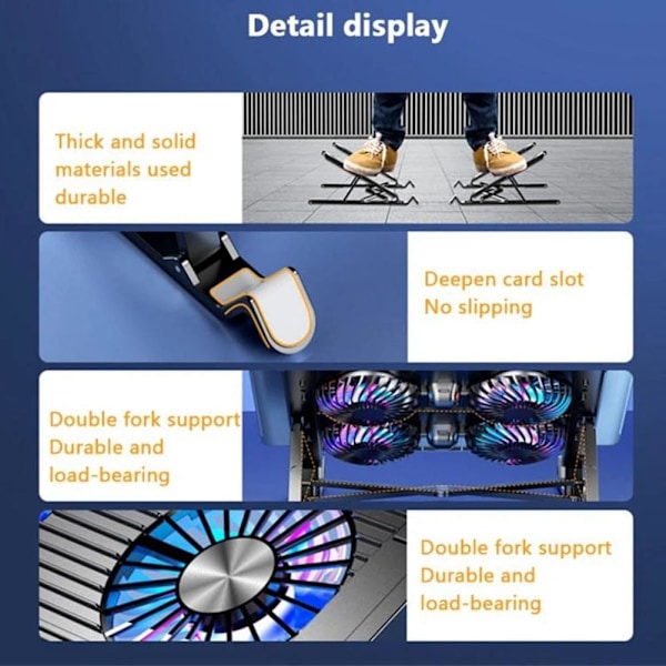 Bærbar computer kølestativ, sammenklappeligt lydløst bærbart stativ, bærbart stativ til bærbare computere med køleventilator, USB-opladningsplots Køleventilator til tablet-bærbare computere Two fans
