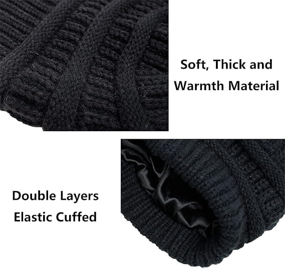 Vintervarm Stickad Mössa med Satinfoder Kabelvirkad Beanie Chunky Slouchy Skallehatt för Kvinnor Black