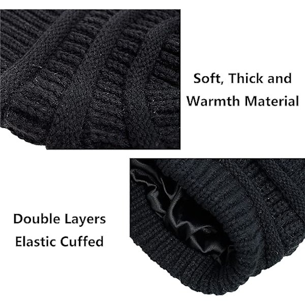 Vintervarm Strikket Hat med Satinforing Kabelstrikket Beanie Chunky Slouchy Skull Cap til Kvinder Black