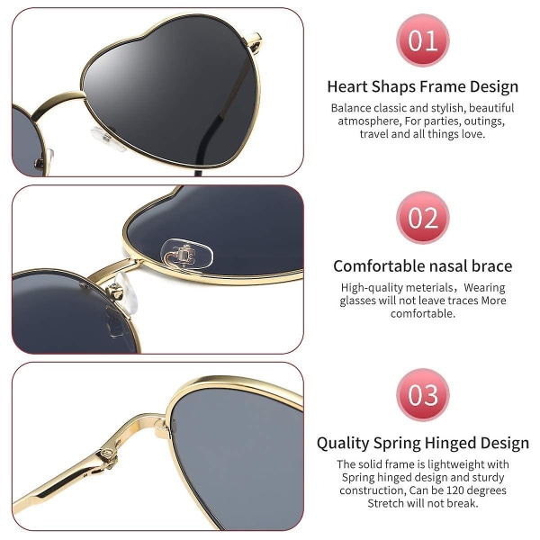 Nye, passende hjertesolbriller kvinner polarisert metallramme Trendy søte hjerteformede solbriller Uv400 beskyttelse svart linse
