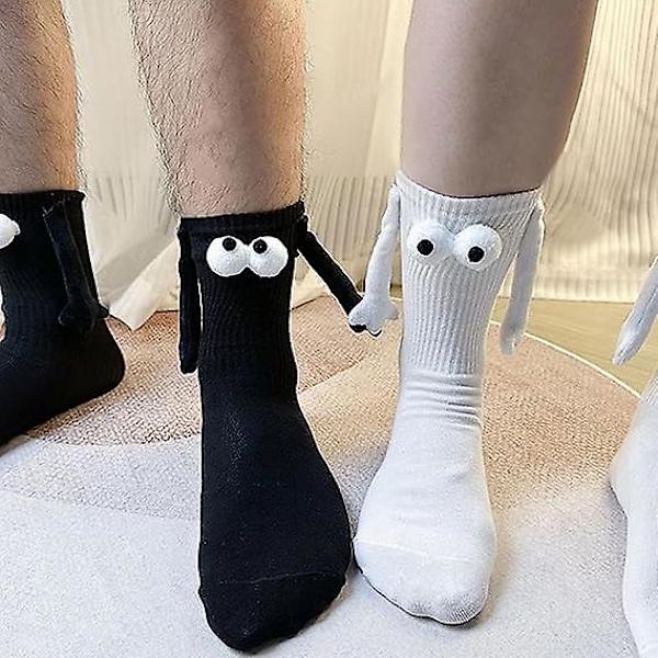 4 par sjove dukkepar sokker, sjove magnetiske par sokker, magnetiske hånd i hånd dukke sorte/hvide sokker til mænd og kvinder black-white